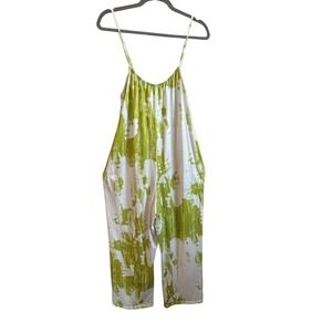 Lime Green White Tie Dye Wide Leg Jumpsuit Medium Cotton Blend Pockets Boho
